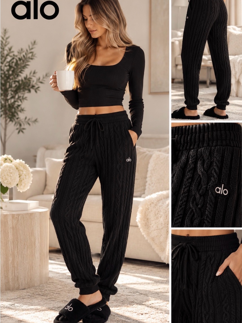 🖤 ALO Yoga Cable Knit Winter Bliss Pants Black Medium M (Size 8 - 10) NWT 🖤